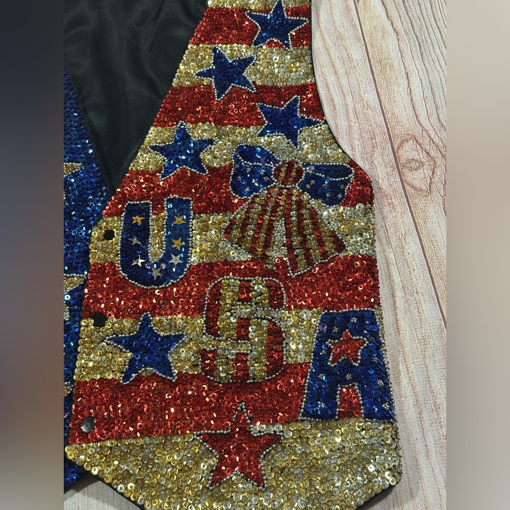 Vintage Y2K Patriotic Glitter Star Flag Sequin Waistcoat Button Vest - Picture 5 of 10